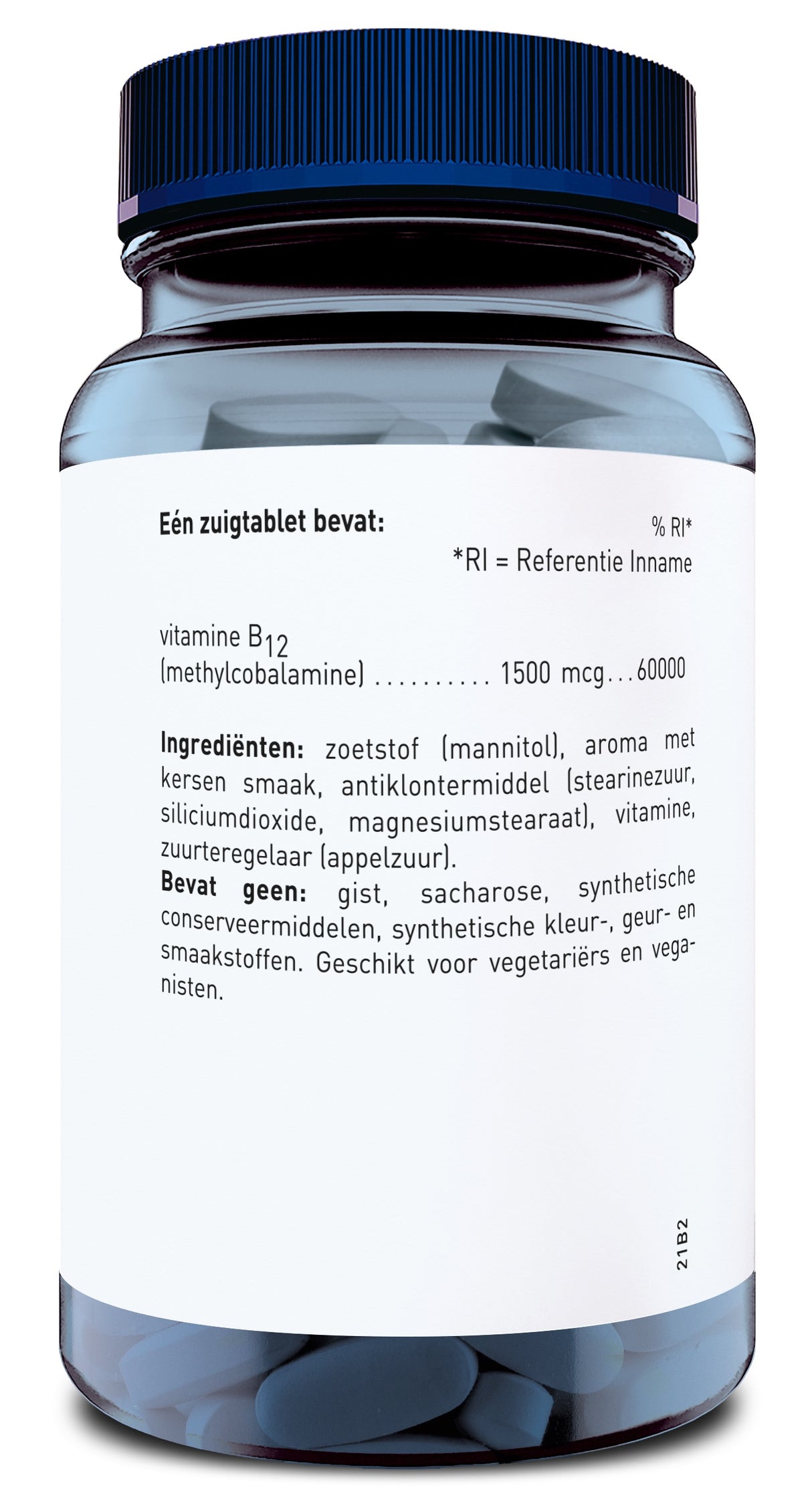 Das Bild zeigt eine transparente Plastikflasche mit blauem Deckel, die mit weißen Tabletten gefüllt ist. Auf dem Etikett steht in niederländischer Sprache, dass jede Tablette Vitamin B12 (Methylcobalamin) enthält. Weitere Zutaten sind aufgelistet, darunter Süßstoff und Aroma. Die Flasche ist für Vegetarier und Veganer geeignet.