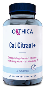 Eine Flasche mit dem Etikett 'ORTHICA Cal Citraat+' enthält 60 Tabletten. Das Etikett beschreibt die Inhaltsstoffe als organisch gebundenes Calcium mit Magnesium und Vitamin D. Die Verpackung ist blau und weiß mit einem vegetarischen Symbol.