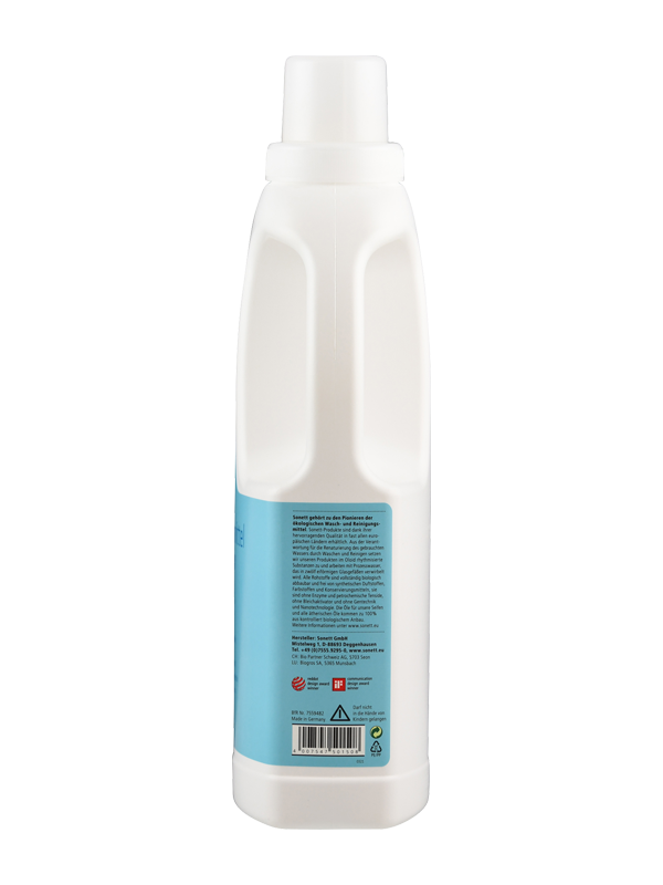 Das Bild zeigt eine weiße Plastikflasche mit einem blauen Etikett. Die Flasche hat einen Schraubverschluss und ist zylindrisch geformt. Auf dem Etikett befinden sich Text und Symbole, die auf die Verwendung und Sicherheit des Inhalts hinweisen. Unten ist ein Barcode sichtbar.