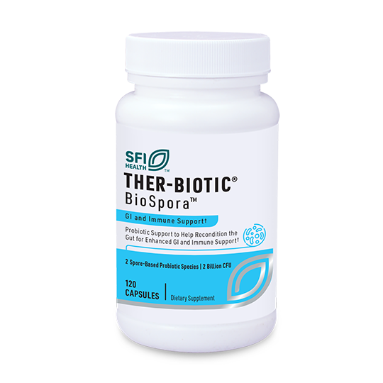 Die Abbildung zeigt eine weiße Plastikflasche mit einem blauen Etikett. Auf dem Etikett steht "SFI Health THER-BIOTIC BioSpora™ GI and Immune Support". Die Flasche enthält 120 Kapseln eines Nahrungsergänzungsmittels zur Unterstützung des Magen-Darm-Systems und des Immunsystems. Das Etikett hebt hervor, dass es sich um eine probiotische Unterstützung handelt, um den Darm für eine verbesserte Magen-Darm- und Immununterstützung zu rekonstruieren. Es sind 2 sporenbasierte probiotische Arten mit 2 Milliarden KBE