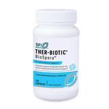 Die Abbildung zeigt eine weiße Plastikflasche mit einem blauen Etikett. Auf dem Etikett steht "SFI Health THER-BIOTIC BioSpora™ GI and Immune Support". Die Flasche enthält 120 Kapseln eines Nahrungsergänzungsmittels zur Unterstützung des Magen-Darm-Systems und des Immunsystems. Das Etikett hebt hervor, dass es sich um eine probiotische Unterstützung handelt, um den Darm für eine verbesserte Magen-Darm- und Immununterstützung zu rekonstruieren. Es sind 2 sporenbasierte probiotische Arten mit 2 Milliarden KBE