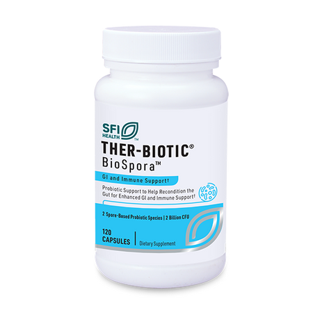Die Abbildung zeigt eine weiße Plastikflasche mit einem blauen Etikett. Auf dem Etikett steht "SFI Health THER-BIOTIC BioSpora™ GI and Immune Support". Die Flasche enthält 120 Kapseln eines Nahrungsergänzungsmittels zur Unterstützung des Magen-Darm-Systems und des Immunsystems. Das Etikett hebt hervor, dass es sich um eine probiotische Unterstützung handelt, um den Darm für eine verbesserte Magen-Darm- und Immununterstützung zu rekonstruieren. Es sind 2 sporenbasierte probiotische Arten mit 2 Milliarden KBE