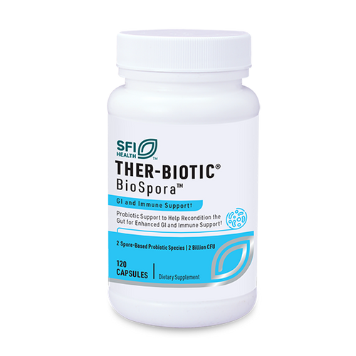 Die Abbildung zeigt eine weiße Plastikflasche mit einem blauen Etikett. Auf dem Etikett steht "SFI Health THER-BIOTIC BioSpora™ GI and Immune Support". Die Flasche enthält 120 Kapseln eines Nahrungsergänzungsmittels zur Unterstützung des Magen-Darm-Systems und des Immunsystems. Das Etikett hebt hervor, dass es sich um eine probiotische Unterstützung handelt, um den Darm für eine verbesserte Magen-Darm- und Immununterstützung zu rekonstruieren. Es sind 2 sporenbasierte probiotische Arten mit 2 Milliarden KBE