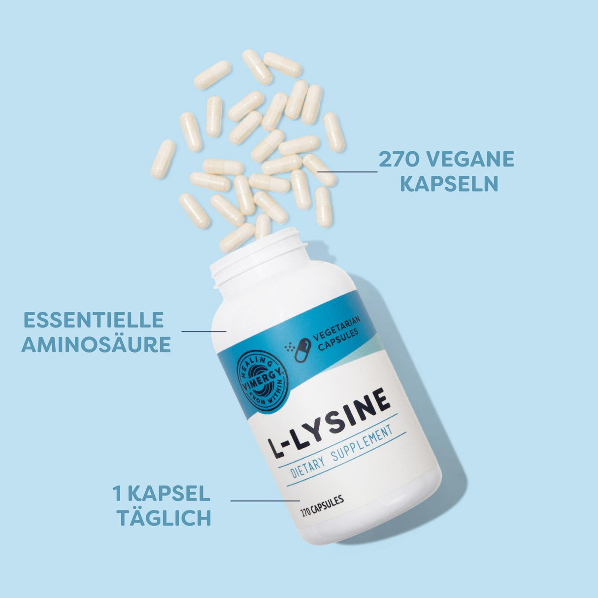 Eine Flasche mit L-Lysin-Kapseln, 270 vegane Kapseln. Text: "Essentielle Aminosäure", "1 Kapsel täglich". Hintergrund in Hellblau.