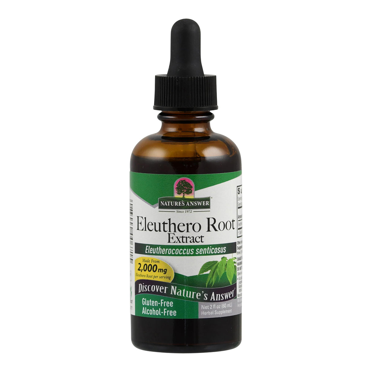Eine braune Glasflasche mit schwarzem Tropfverschluss, auf der ein Etikett mit der Aufschrift 'Nature's Answer Eleuthero Root Extract' zu sehen ist. Das Etikett ist grün und weiß mit einem gelben Kreis, der '2,000 mg' anzeigt. Es wird als glutenfrei und alkoholfrei beschrieben. Die Flasche enthält 60 ml eines pflanzlichen Nahrungsergänzungsmittels.