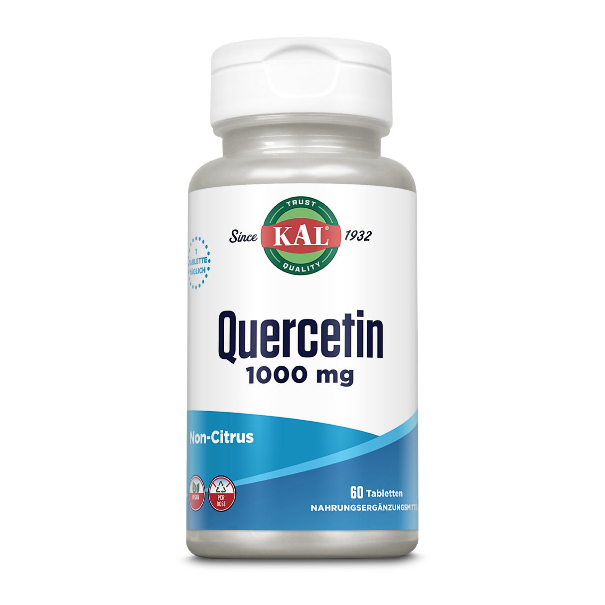 Eine weiße Plastikflasche mit einem weißen Deckel. Auf dem Etikett steht: 'KAL Quercetin 1000 mg Non-Citrus, 60 Tabletten, Nahrungsergänzungsmittel'. Das KAL-Logo ist oben auf dem Etikett zu sehen.