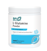 Ein weißer Behälter mit der Aufschrift 'SFI Health L-Glutamine Powder'. Der Behälter hat einen blauen Akzent und enthält Informationen zur Unterstützung der Magen-Darm-Gesundheit und Muskelmasse. Nettogewicht: 351 g.
