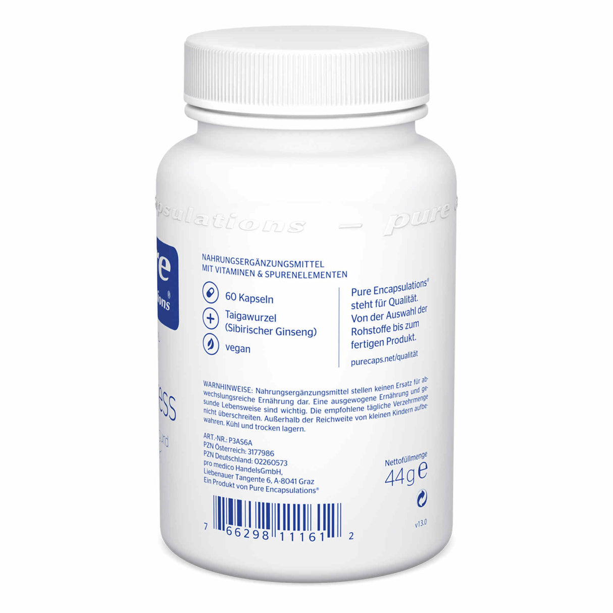 Das Bild zeigt eine weiße Plastikflasche mit einem Schraubverschluss, die Nahrungsergänzungsmittel enthält. Auf dem Etikett steht "Pure Encapsulations". Die Flasche enthält 60 Kapseln mit Taigawurzel (Sibirischer Ginseng) und ist vegan. Es gibt Hinweise zur Qualität und zur Lagerung des Produkts. Die Flasche hat ein Nettofüllgewicht von 44 g. Ein Barcode ist ebenfalls sichtbar.