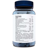 Die Abbildung zeigt eine durchsichtige Kunststoffflasche mit einem blauen Schraubverschluss, die mit Tabletten gefüllt ist. Auf der Flasche befindet sich ein weißes Etikett mit detaillierten Nährstoffangaben und Inhaltsstoffen in deutscher Sprache. Die Liste umfasst verschiedene Vitamine und Zusatzstoffe. Die Flasche steht aufrecht und der Hintergrund ist neutral gehalten.