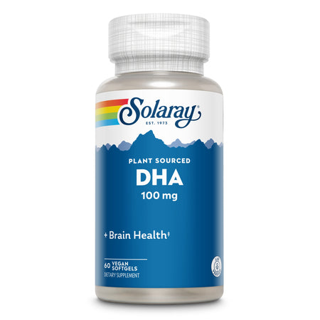 Das Bild zeigt eine Flasche Solaray Plant Sourced DHA, 100 mg, mit blauem Etikett und Regenbogen-Logo. Enthält 60 vegane Softgels zur Unterstützung der Gehirngesundheit. Die Flasche ist vor einem weißen Hintergrund platziert.
