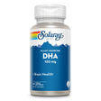 Das Bild zeigt eine Flasche Solaray Plant Sourced DHA, 100 mg, mit blauem Etikett und Regenbogen-Logo. Enthält 60 vegane Softgels zur Unterstützung der Gehirngesundheit. Die Flasche ist vor einem weißen Hintergrund platziert.