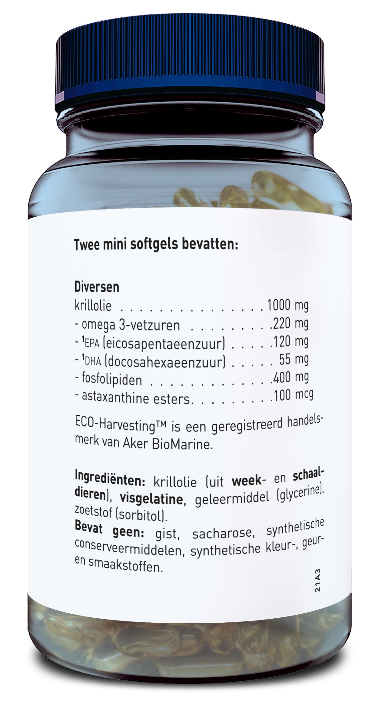 Ein durchsichtiger Kunststoffbehälter mit blauem Deckel enthält Mini-Softgel-Kapseln. Das Etikett listet Inhaltsstoffe wie Krillöl, Omega-3-Fettsäuren und Astaxanthinester auf. Die Verpackung ist von Aker BioMarine, bekannt für nachhaltige Ernteverfahren.