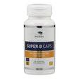 Weiße Flasche mit Etikett 'SUPER B CAPS', Nahrungsergänzungsmittel mit B-Vitaminen, vegan, non-GMO, 90 Kapseln.