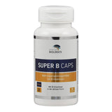 Weiße Flasche mit Etikett 'SUPER B CAPS', Nahrungsergänzungsmittel mit B-Vitaminen, vegan, non-GMO, 90 Kapseln.