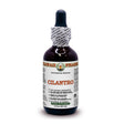 Das Bild zeigt eine Flasche mit einer Pipette, die ein pflanzliches Nahrungsergänzungsmittel der Marke Hawaii Pharm darstellt. Auf dem Etikett steht "Cilantro" und "Coriandrum Sativum", was auf den Inhaltsstoff Koriander hinweist. Die Flasche hat ein Volumen von 60 ml und ist mit verschiedenen Informationen zum Produkt bedruckt, einschließlich der Herkunft aus den USA und der Verwendung natürlicher Zutaten. Das Etikett ist in Weiß gehalten mit roter und schwarzer Schrift. Die Flasche befindet sich vor einem