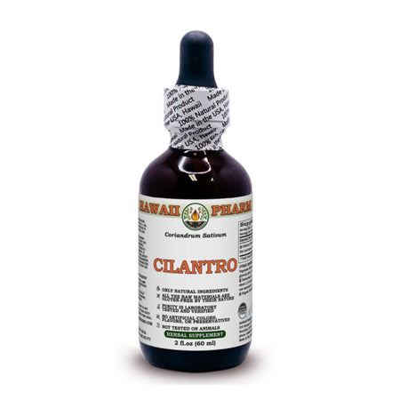 Das Bild zeigt eine Flasche mit einer Pipette, die ein pflanzliches Nahrungsergänzungsmittel der Marke Hawaii Pharm darstellt. Auf dem Etikett steht "Cilantro" und "Coriandrum Sativum", was auf den Inhaltsstoff Koriander hinweist. Die Flasche hat ein Volumen von 60 ml und ist mit verschiedenen Informationen zum Produkt bedruckt, einschließlich der Herkunft aus den USA und der Verwendung natürlicher Zutaten. Das Etikett ist in Weiß gehalten mit roter und schwarzer Schrift. Die Flasche befindet sich vor einem