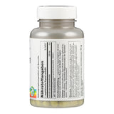 Das Bild zeigt eine weiße Plastikflasche mit einem Etikett, das Nährstoffangaben für ein Nahrungsergänzungsmittel mit Quercetin enthält. Die Flasche hat einen weißen Schraubverschluss. Auf dem Etikett sind Informationen zu Inhaltsstoffen und Verzehrempfehlungen aufgedruckt. Die Flasche enthält Kapseln, die durch den transparenten unteren Teil der Flasche sichtbar sind.