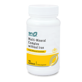 Das Bild zeigt eine weiße Plastikflasche mit einem gelben Etikett. Auf dem Etikett steht „SFI Health Multi-Mineral Complex without Iron“. Die Flasche enthält 100 Kapseln und ist als Nahrungsergänzungsmittel gekennzeichnet. Die Flasche steht vor einem neutralen Hintergrund.