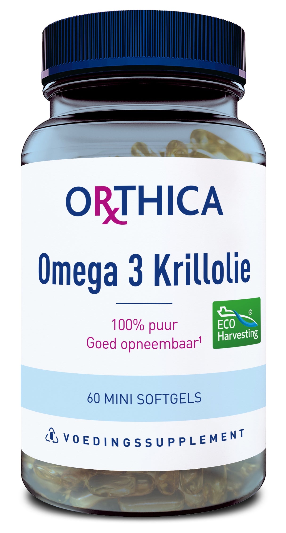 Eine durchsichtige Plastikflasche mit blauem Deckel, die 60 Mini-Softgel-Kapseln enthält. Auf dem Etikett steht 'Orthica Omega 3 Krillöl', '100% puur', 'Goed opneembaar', und ein Logo mit 'ECO Harvesting'.