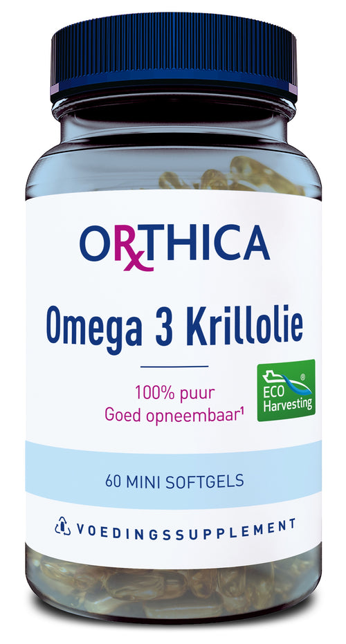 Eine durchsichtige Plastikflasche mit blauem Deckel, die 60 Mini-Softgel-Kapseln enthält. Auf dem Etikett steht 'Orthica Omega 3 Krillöl', '100% puur', 'Goed opneembaar', und ein Logo mit 'ECO Harvesting'.