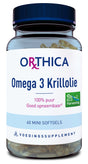 Eine durchsichtige Plastikflasche mit blauem Deckel, die 60 Mini-Softgel-Kapseln enthält. Auf dem Etikett steht 'Orthica Omega 3 Krillöl', '100% puur', 'Goed opneembaar', und ein Logo mit 'ECO Harvesting'.