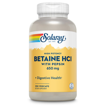 Eine Flasche Solaray Betaine HCl mit Pepsin Nahrungsergänzungsmittel, 650 mg, 250 Vegcaps. Die Flasche ist hauptsächlich weiß mit einem gelben Etikett und dem Solaray-Logo.