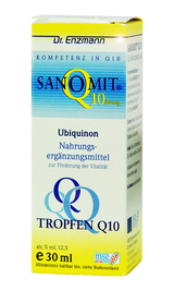Eine Verpackung von Sanomit Q10 flüssig, einem Nahrungsergänzungsmittel mit Ubiquinon zur Förderung der Vitalität. Die Verpackung ist gelb und blau mit dem Aufdruck 'Kompetenz in Q10'.