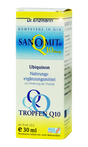 Eine Verpackung von Sanomit Q10 flüssig, einem Nahrungsergänzungsmittel mit Ubiquinon zur Förderung der Vitalität. Die Verpackung ist gelb und blau mit dem Aufdruck 'Kompetenz in Q10'.