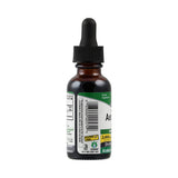 Die Abbildung zeigt eine braune Glasflasche mit Pipettenverschluss. Auf dem Etikett steht "Astragalus", ein pflanzliches Nahrungsergänzungsmittel. Das Etikett ist grün und weiß, mit Informationen zur Dosierung und Inhaltsstoffen. Die Flasche steht aufrecht vor einem weißen Hintergrund.
