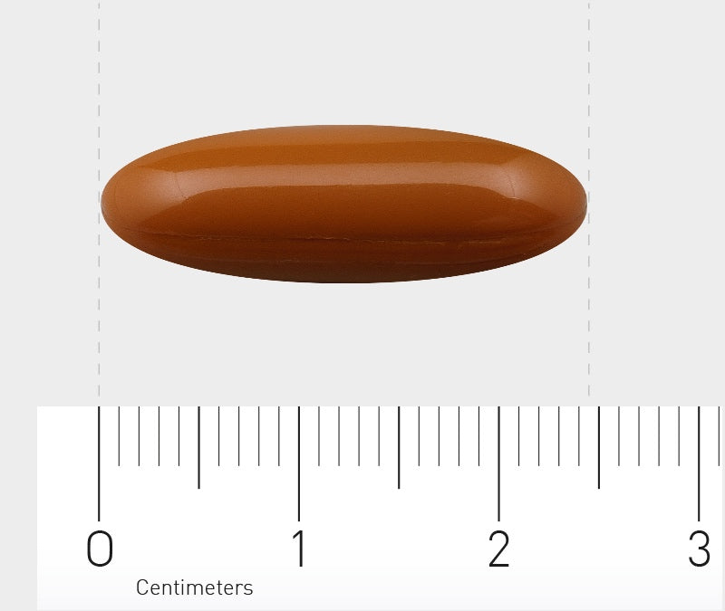 Eine braune, ovale Tablette liegt auf einem Lineal, das Zentimeter anzeigt. Die Tablette ist etwa 2 Zentimeter lang. Der Hintergrund ist neutral und hellgrau.