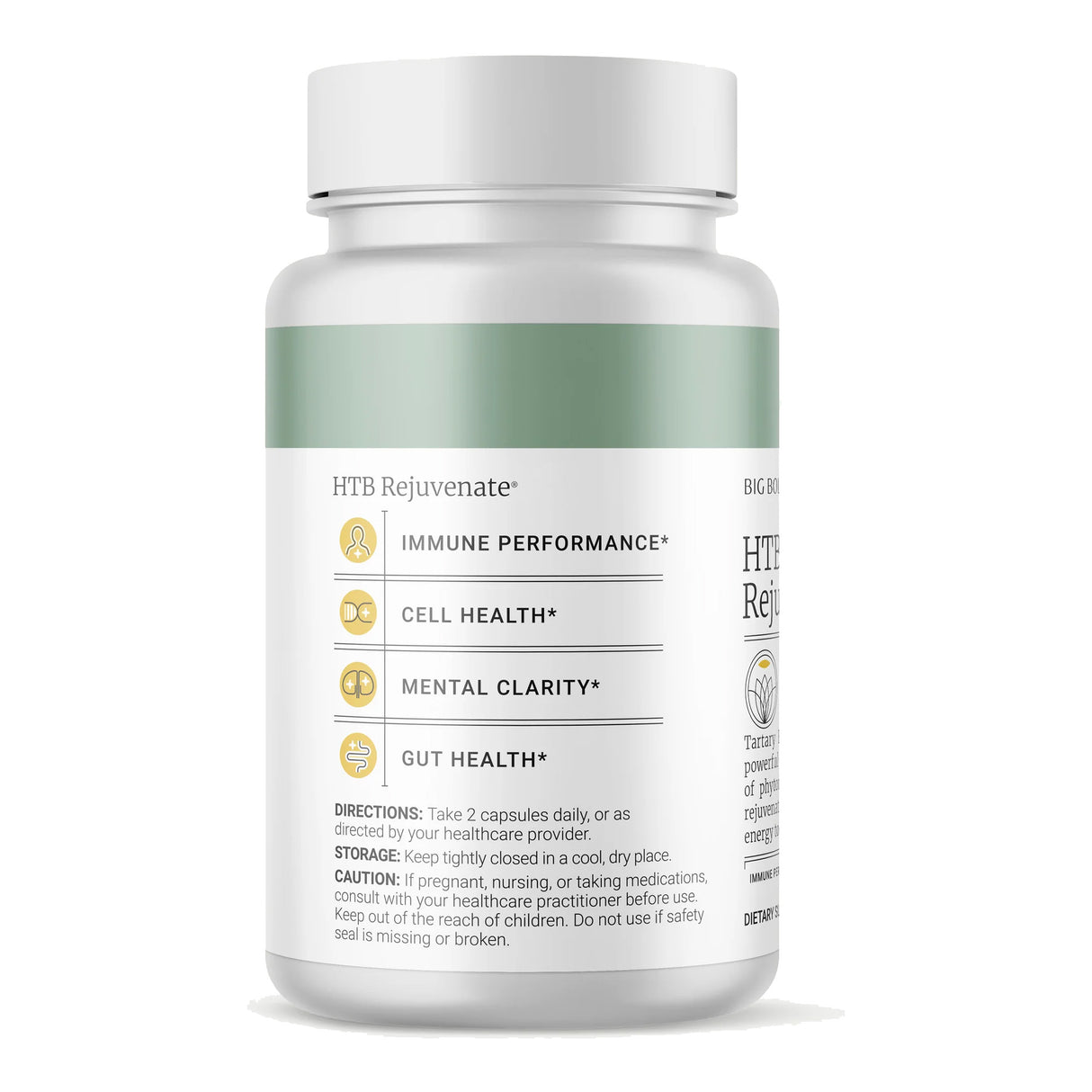 Eine weiße Plastikflasche mit einem grünen Etikett, auf dem "HTB Rejuvenate" steht. Das Etikett listet Vorteile wie "Immune Performance", "Cell Health", "Mental Clarity" und "Gut Health" auf. Es gibt Anweisungen zur Einnahme und Lagerung.