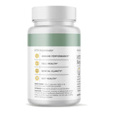 Eine weiße Plastikflasche mit einem grünen Etikett, auf dem "HTB Rejuvenate" steht. Das Etikett listet Vorteile wie "Immune Performance", "Cell Health", "Mental Clarity" und "Gut Health" auf. Es gibt Anweisungen zur Einnahme und Lagerung.
