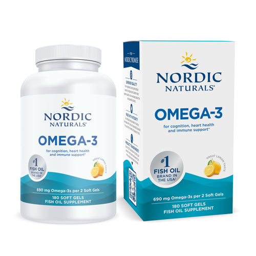 Flasche und Schachtel von Nordic Naturals Omega-3 Fischölkapseln, 690 mg pro 2 Softgels, mit Zitronengeschmack.