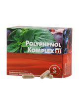 Verpackung von Nahrungsergänzungsmittel 'Polyphenol Komplex ai' mit 90 vegetarischen Kapseln, enthält Granatapfel und Grünteeextrakt.