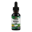 Eine Flasche mit Tropfverschluss, die "Nature's Answer Mullein Leaf Fluid Extract" zeigt. Das Etikett ist grün und weiß, mit Texten wie "Supports Healthy Respiratory Function", "2,000 mg per serving", "Alcohol-Free" und "Non-GMO Verified". Die Flasche ist dunkel und hat ein Volumen von 30 ml.