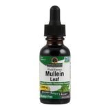 Eine Flasche mit Tropfverschluss, die "Nature's Answer Mullein Leaf Fluid Extract" zeigt. Das Etikett ist grün und weiß, mit Texten wie "Supports Healthy Respiratory Function", "2,000 mg per serving", "Alcohol-Free" und "Non-GMO Verified". Die Flasche ist dunkel und hat ein Volumen von 30 ml.