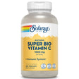 Eine Plastikflasche mit einem Etikett, das "Solaray Super Bio Vitamin C 1000 mg" zeigt. Die Flasche ist weiß mit einem gelben Etikett. Auf dem Etikett sind auch Symbole für "Lab Verified", "Vegan" und "Immune System" zu sehen. Es handelt sich um ein Nahrungsergänzungsmittel mit 250 Veggie-Kapseln.