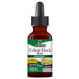 Das Bild zeigt eine braune Glasflasche mit einer Pipette. Auf dem Etikett steht "Nature's Answer Yellow Dock Root Rumex crispus". Es wird hervorgehoben, dass das Produkt glutenfrei und alkoholfrei ist und 2.000 mg Yellow Dock pro Portion enthält.