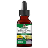 Das Bild zeigt eine braune Glasflasche mit einer Pipette. Auf dem Etikett steht "Nature's Answer Yellow Dock Root Rumex crispus". Es wird hervorgehoben, dass das Produkt glutenfrei und alkoholfrei ist und 2.000 mg Yellow Dock pro Portion enthält.