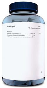 Ein großes, transparentes Glasgefäß mit dunkelblauem Deckel, gefüllt mit Tabletten. Auf dem Etikett stehen Nährwertangaben auf Niederländisch, darunter Vitamin C, Citrus-Extrakt und Rutin.