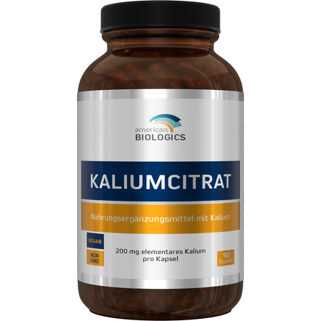 Rückseite einer Nahrungsergänzungsmittel-Verpackung mit Nährstoffangaben und Zutatenliste. Enthält Kaliumcitrat und andere Inhaltsstoffe.