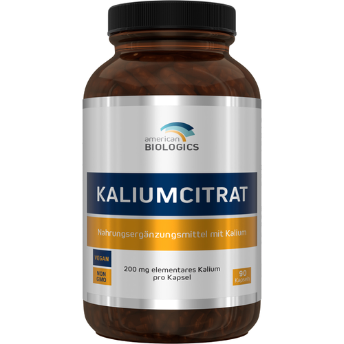 Rückseite einer Nahrungsergänzungsmittel-Verpackung mit Nährstoffangaben und Zutatenliste. Enthält Kaliumcitrat und andere Inhaltsstoffe.