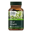 Das Bild zeigt eine braune Plastikflasche mit einem grünen Deckel, die mit "Gaia Herbs"-Etikett versehen ist. Auf dem Etikett steht "Oil of Oregano" und "Immune Support". Die Flasche enthält 60 vegane Flüssigkapseln. Im Hintergrund sind weiße Blüten abgebildet.
