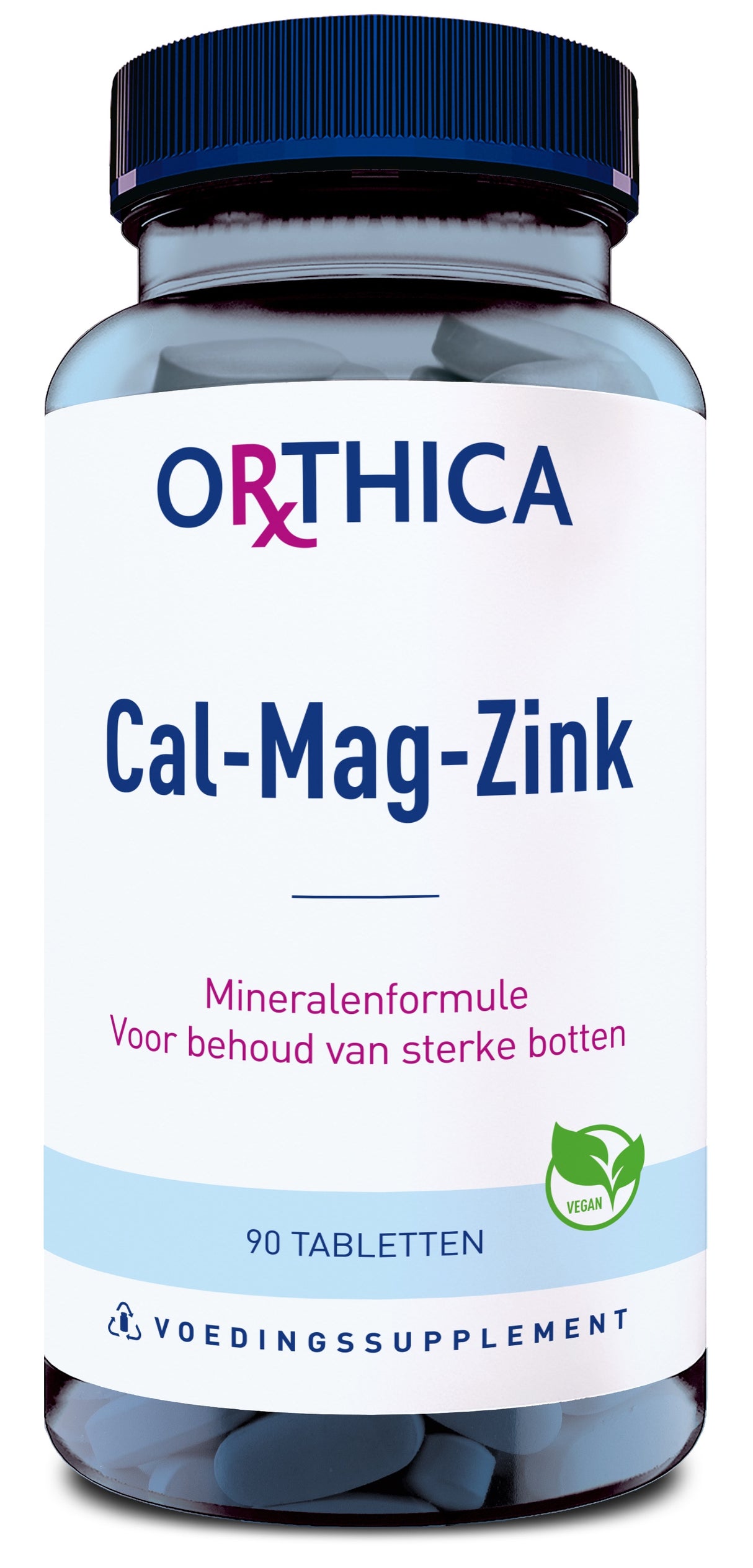 Ein Nahrungsergänzungsmittel in einer transparenten Flasche mit blauem Deckel. Auf dem Etikett steht 'ORTHICA Cal-Mag-Zink'. Die Flasche enthält 90 Tabletten und ist als vegan gekennzeichnet. Die Aufschrift ist in niederländischer Sprache.