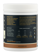 Verpackung von Clean Lean Protein mit Text über Inhaltsstoffe, Verwendung und Nährwerte. Enthält Anweisungen für Shakes, Smoothies und Backen.