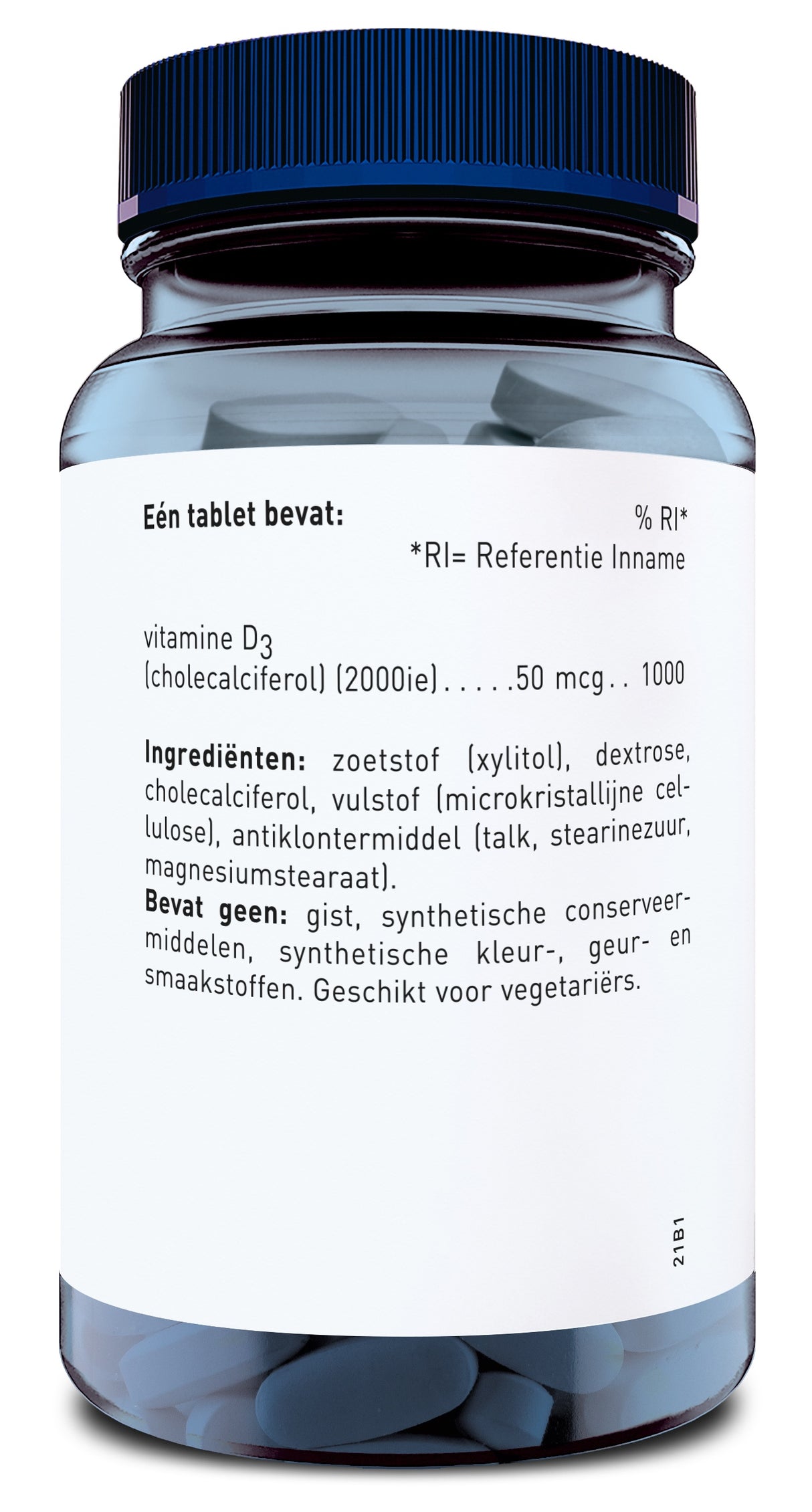 Das Bild zeigt eine durchsichtige Plastikflasche mit blauen Tabletten. Das Etikett listet Inhaltsstoffe und Nährwerte auf, darunter Vitamin D3 (Cholecalciferol) und Xylitol. Die Flasche hat einen dunkelblauen Deckel.