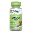 Eine grüne Flasche mit dem Etikett 'Solaray True Herbs Ginger 1100 mg per serving'. Das Etikett zeigt Ingwer und eine rote Blume. Es gibt Symbole für 'Non GMO', 'Lab Verified' und 'Vegan'.