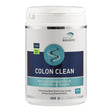 Das Bild zeigt eine weiße Plastikdose mit einem blauen Etikett. Auf dem Etikett steht „COLON CLEAN“ und es ist von der Marke American Biologics. Es gibt Hinweise darauf, dass das Produkt vegan und nicht genetisch modifiziert ist. Die Dose enthält Nahrungsergänzungsmittel mit Ballaststoffen und Enzymen, speziell Flohsamenschalen, die die Verdauung fördern sollen. Das Produktgewicht beträgt 360 Gramm Pulver.