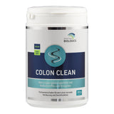 Das Bild zeigt eine weiße Plastikdose mit einem blauen Etikett. Auf dem Etikett steht „COLON CLEAN“ und es ist von der Marke American Biologics. Es gibt Hinweise darauf, dass das Produkt vegan und nicht genetisch modifiziert ist. Die Dose enthält Nahrungsergänzungsmittel mit Ballaststoffen und Enzymen, speziell Flohsamenschalen, die die Verdauung fördern sollen. Das Produktgewicht beträgt 360 Gramm Pulver.