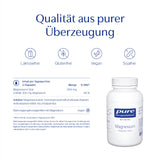 Die Abbildung zeigt ein Produktetikett für Magnesium von Pure Encapsulations. Der Text betont die Qualität und die Eigenschaften wie laktosefrei, glutenfrei, vegan und sojafrei. Die Inhaltsstoffe und die Tagesdosis sind ebenfalls aufgeführt. Rechts ist eine weiße Flasche mit blauem Etikett abgebildet.